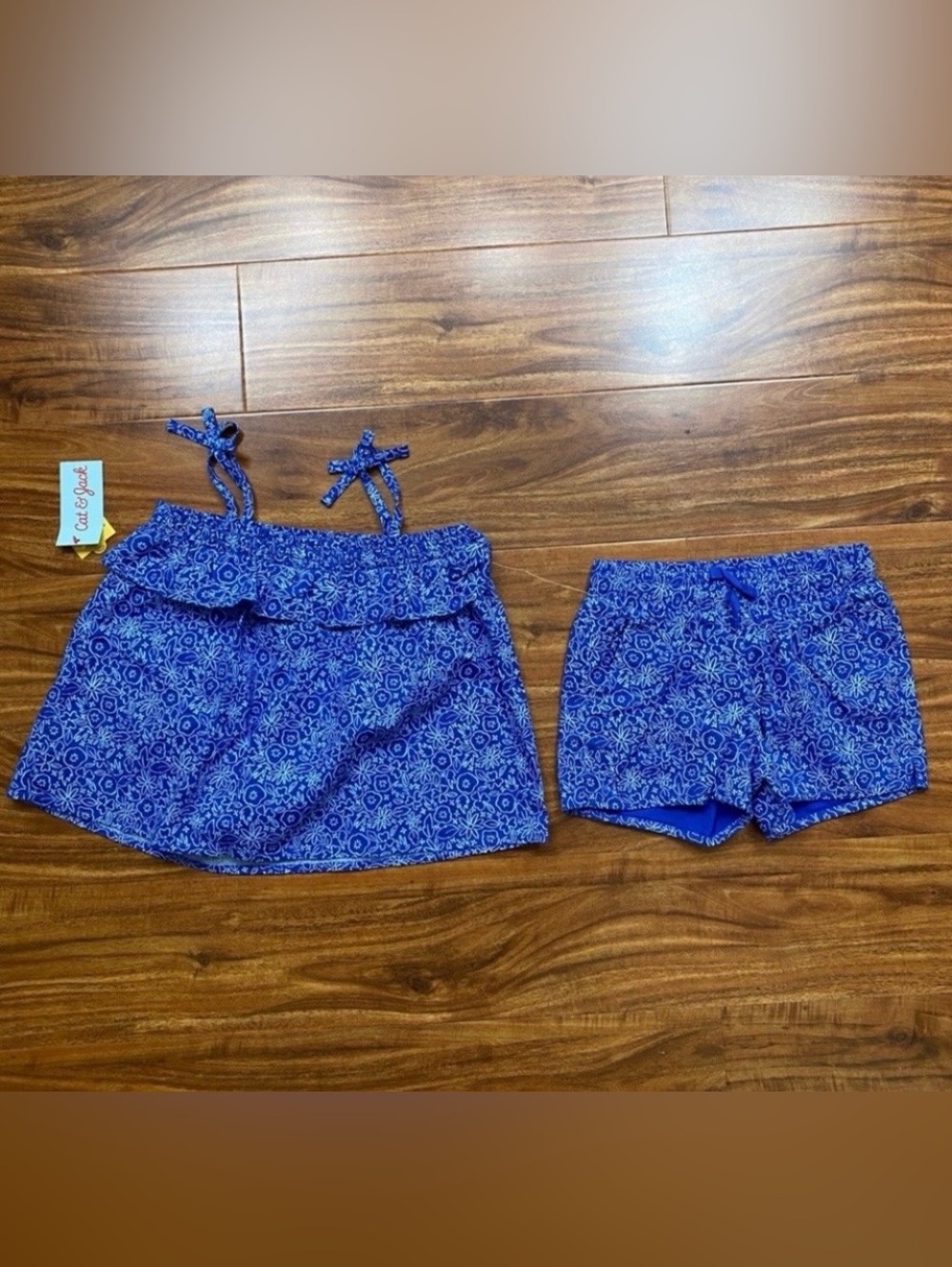 NWT New Cat & Jack Girls Blue White Floral Tie Boxy Tank Top + Shorts Size 5T
